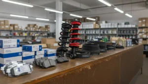 Comptoir de pièces auto discount avec filtres, plaquettes de frein et amortisseurs neufs sur établi de mécanique professionnelle