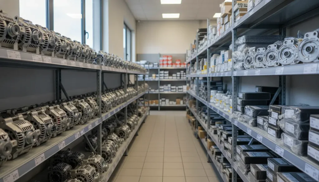 Rayonnages de pièces automobiles neuves et reconditionnées dans un magasin à Angers