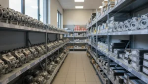 Rayonnages de pièces automobiles neuves et reconditionnées dans un magasin à Angers