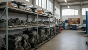 Rayonnages de pièces auto d'occasion dans un atelier spécialisé en Essonne, alternateurs et optiques classés par marque