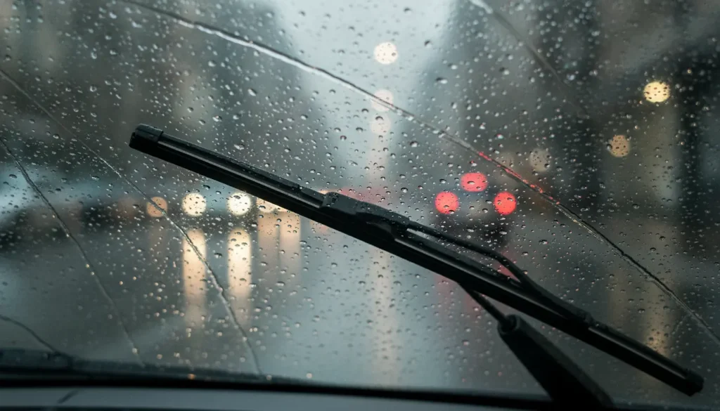 Balais d'essuie-glaces sur un pare-brise mouillé sous la pluie