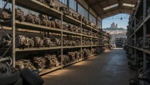 Pièces mécaniques automobiles stockées dans une casse auto de Marseille, alternateurs et moteurs alignés sur étagères industrielles