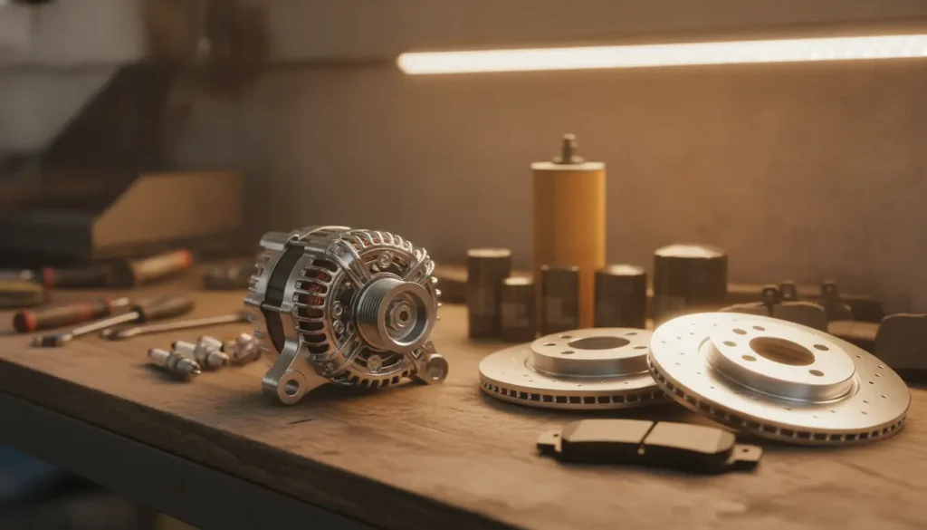 Pièces détachées automobiles sur un établi de mécanicien en atelier : alternateur, disques de frein, plaquettes et filtres