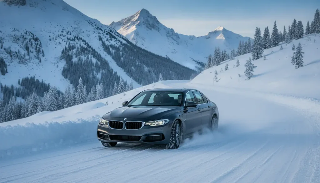 Voiture roulant sur une route de montagne enneigée en hiver avec pneus hiver