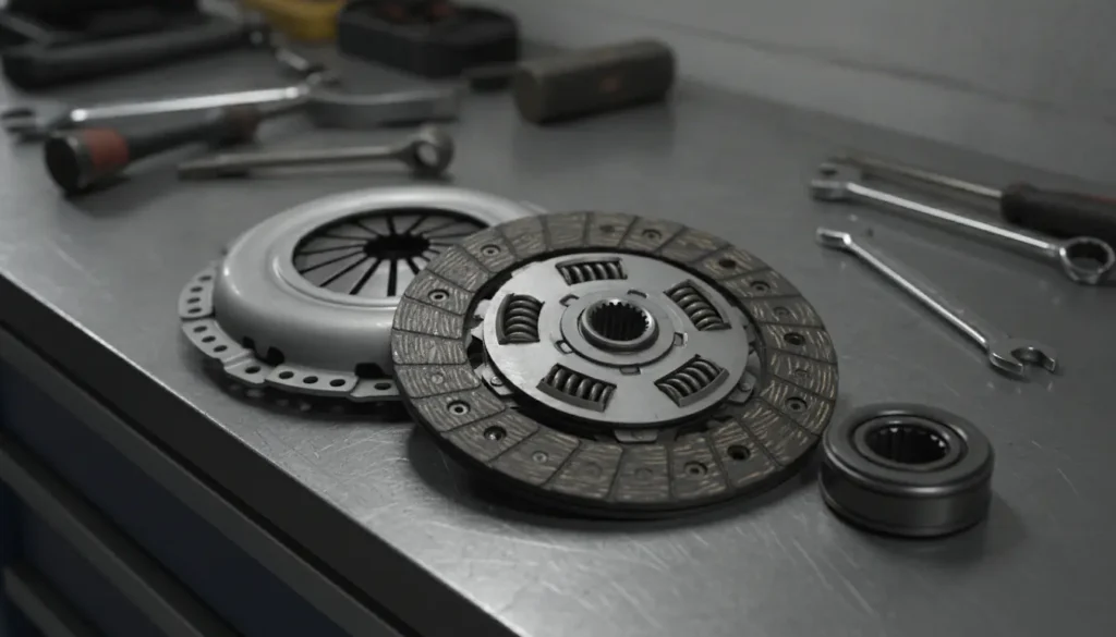 Kit d'embrayage automobile avec disque, mécanisme et butée posé sur un établi de garage