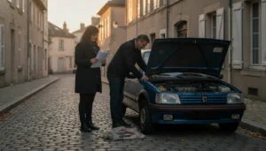 Acheteur examinant le moteur ouvert d'une voiture d'occasion garée dans la rue avant achat