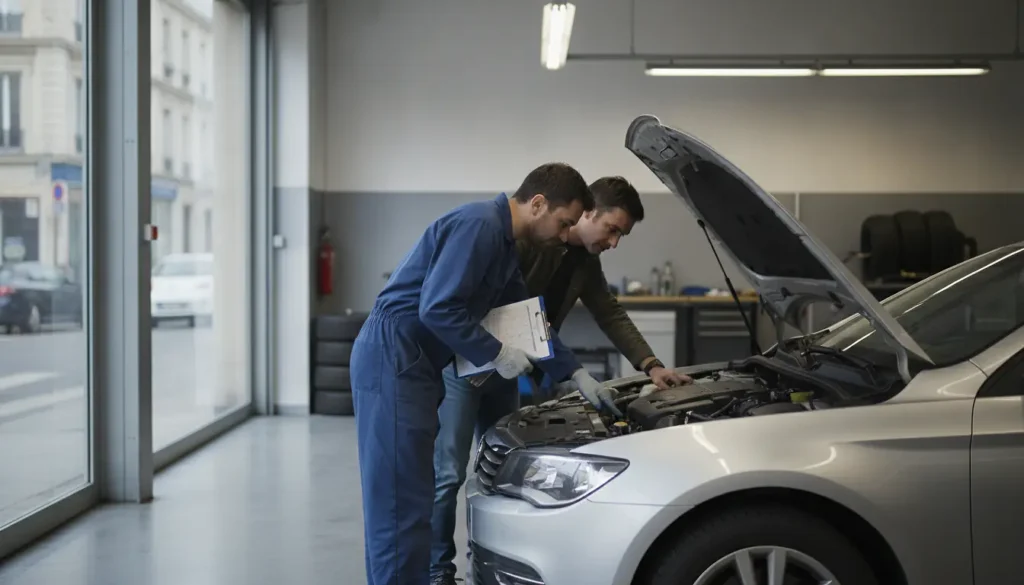 Mécanicien et client examinant une voiture pour estimer son prix de reprise dans un garage