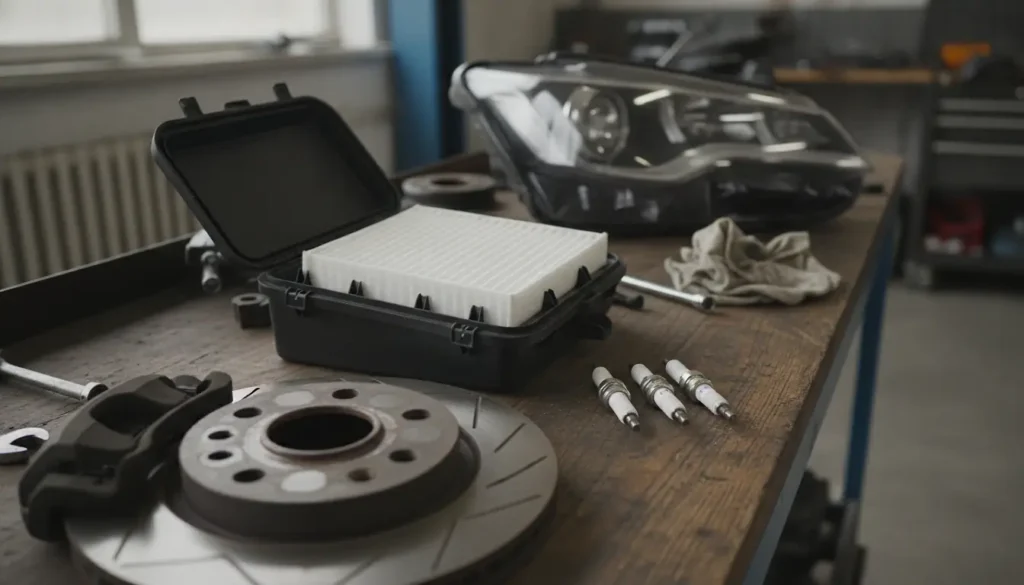 Pièces auto variées&nbsp;: disques de frein, filtre à air et bougies sur un établi d'atelier mécanique