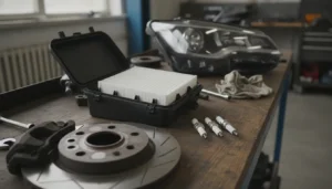 Pièces auto variées : disques de frein, filtre à air et bougies sur un établi d'atelier mécanique