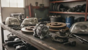 Pièces mécaniques automobiles d'occasion sur un établi de casse : alternateur, disques de frein, pompe à eau