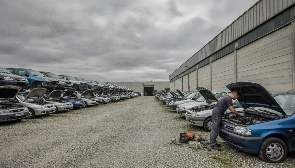 Centre de recyclage automobile Gefauto à Montreuil, allées de véhicules hors d'usage en Île-de-France