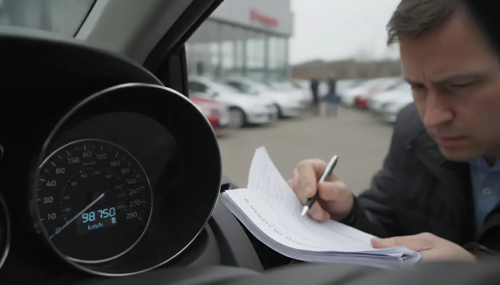 Compteur kilométrique d'une voiture d'occasion, acheteur vérifiant les documents du véhicule