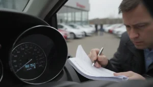 Compteur kilométrique d'une voiture d'occasion, acheteur vérifiant les documents du véhicule