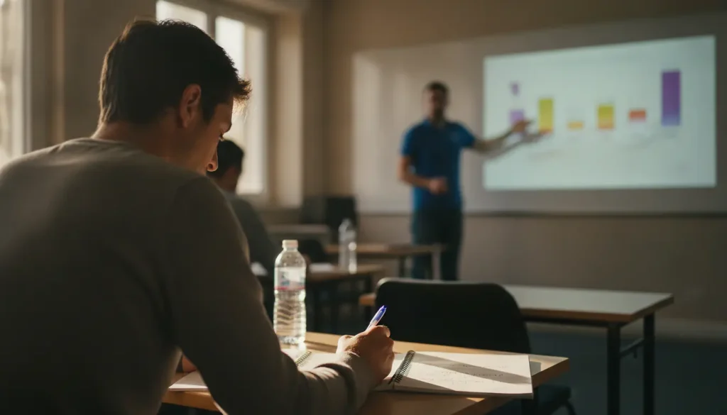 Salle de formation en sécurité routière avec animateur et conducteurs en stage